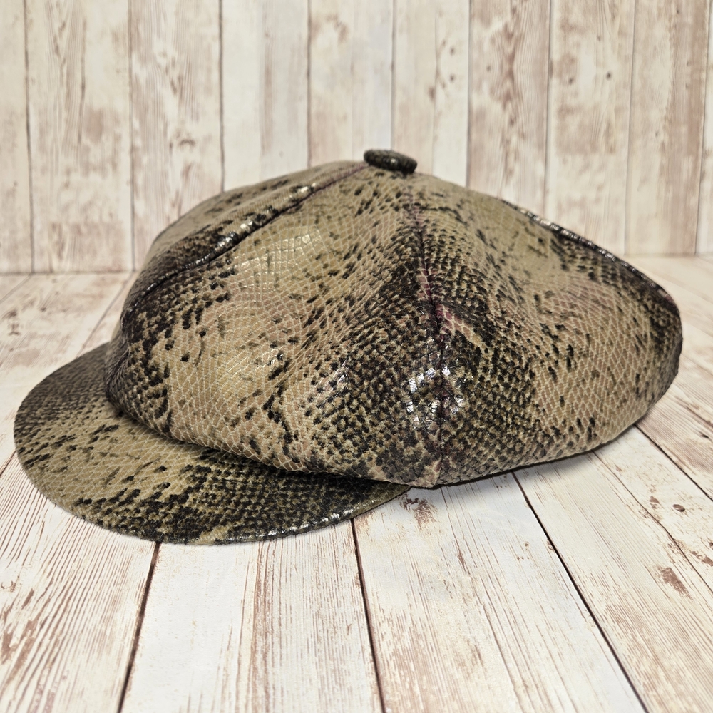 Vintage Snakeskin Print Newsboy Hat Olive Green Brown Tan Baker Boy Cap - Picture 5 of 12